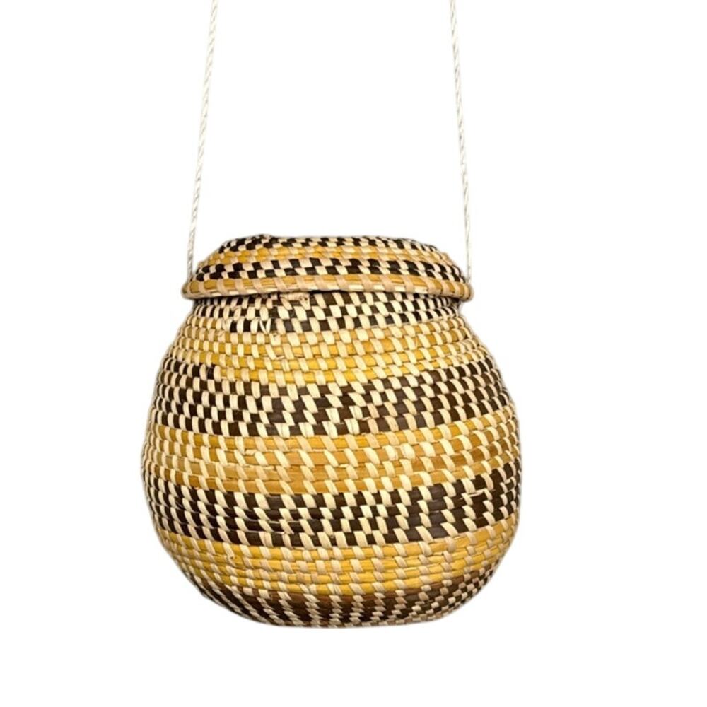 Vintage Sweetgrass Lidded Mini Basket Handwoven Folk Art Coastal Boho Decor